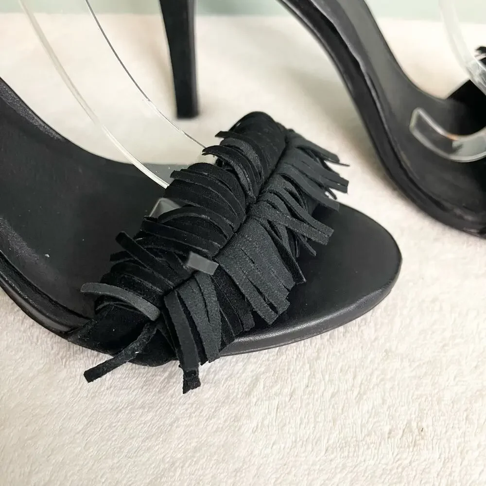 Joie Stiletto Heels 38 / 8 Black Ankle Strap Suede Fringe Party Cocktail Evening